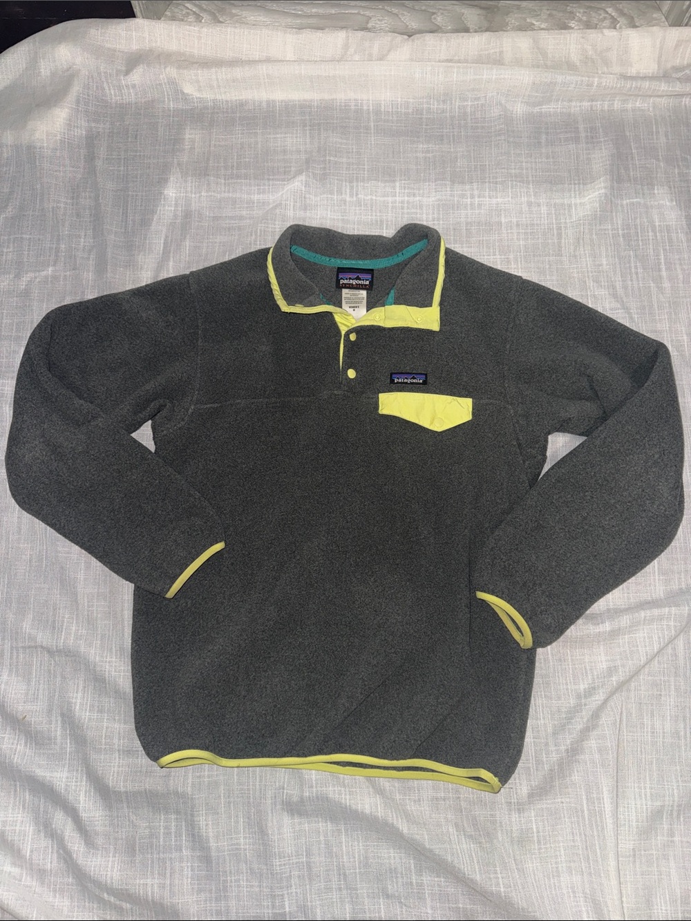 Patagonia Dark Gray Fleece Pullover with Yellow Trim
